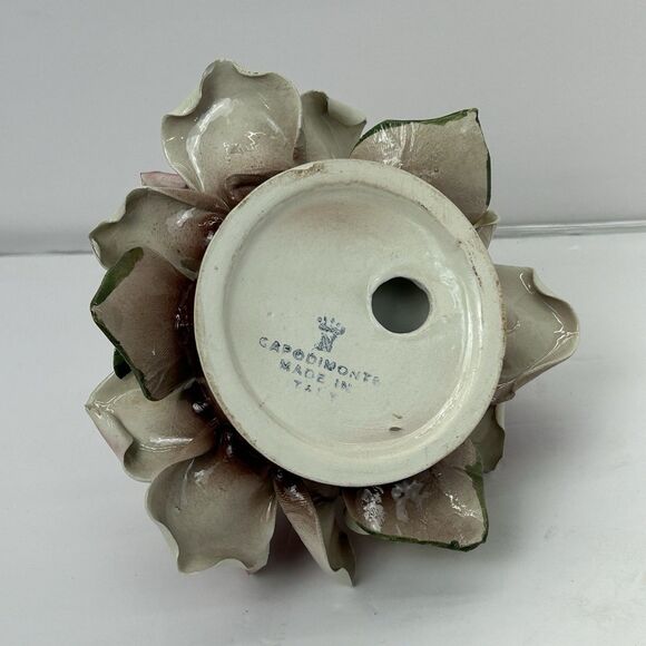 Capodimonte Porcelain Floral Arrangement Flower Basket Italy MCM Pink Yellow - Picture 8 of 15